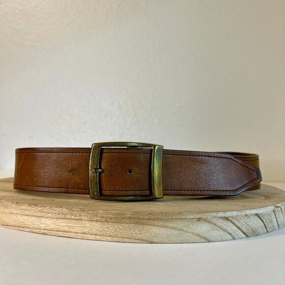 Vintage 90s Soft Tan Genuine Leather Chunky Brass Buckle Belt Size M/L - Picture 2 of 12